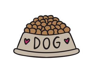 Feed for dogs bowl. Dog food bowl doodle hand drawn icon nutrition. colorful cartoon line drawing clipart symbol