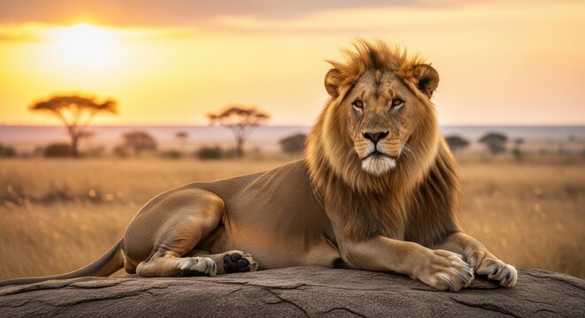 Majestic Lion Rests on Rock at Golden African Sunset