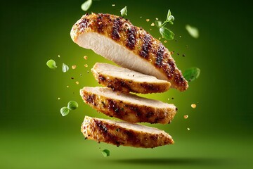 Grilled Chicken Breast, Cut Into Slices, Floats Gracefully Against a Vibrant Green Background, Sprinkled With Herbs