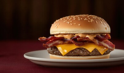 Savoring the Moment of Pure American Indulgence Cheddar Bacon Burger on a Plate, Against a Classic Dark Background