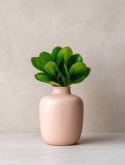 Still Life Simplicity Captures Vibrant Green Leaves Blossoming From a Pink Vase on Light Grey Marble