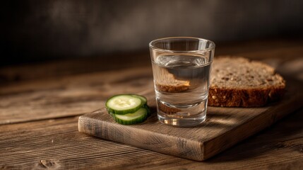 Evening Toast in the Slavic Tradition With Vodka, Pickled Cucumber and Rye Bread on Weathered Wood