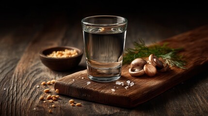 Still Life Captures a Clear Shot Glass, Salted Mushrooms, and Fresh Dill on a Rustic Wooden Board