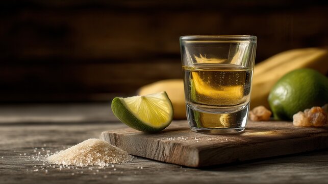 Golden Glimpse of Cacha&ccedil;a and Tropical Fruits on a Vintage Wood Board Evoking Brazil's Vibrant Spirit