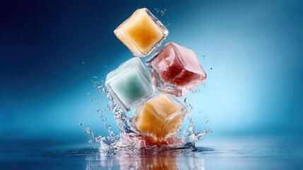 Colors Melting in the Water Ice Cubes Tower Above Liquid With Vibrant Splashes and Vivid Hues