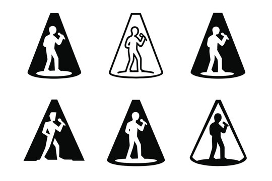 Singer Spotlight Logos. Singer in spotlight. Icon set. Set Logo of singer in spotlight: dramatic light and stage presence. harmonious logo variations of the