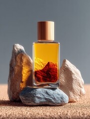 Perfume Bottle Nestled Amongst Desert Rocks at Sunset's Golden Hour