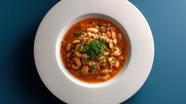 Still Life of Flavorful Jani Me Fasule, Albanian Bean Soup With Paprika, Presented on a White Plate Against Pure Matte Blue