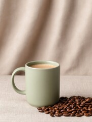 Morning Still Life Green Coffee Mug and Dark Roasted Beans on Beige Linen, Perfect for a Slow Start to the Day