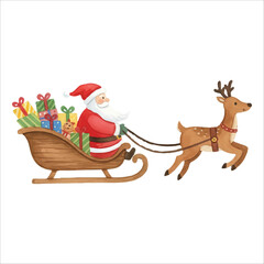 Santa Claus riding sleigh, watercolor Christmas vector, isolated on white background
