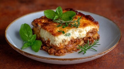 Delighting Classic Moussaka on a Bronze-Rimmed Plate Invites a Taste of Greek Tradition