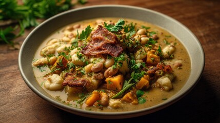 Fototapeta premium Rustic Mote Pata Reveals a Hearty Andean Stew of Hominy, Peanuts, Bacon, and Fresh Herbs, Captured in Soft Daylight