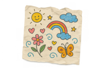 Childlike drawing of sun, cloud, rainbow, butterfly, and flower on crumpled paper, representing happiness and childhood, transparent