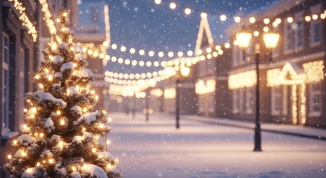 Snowy Christmas street decorated with warm glowing holiday lights