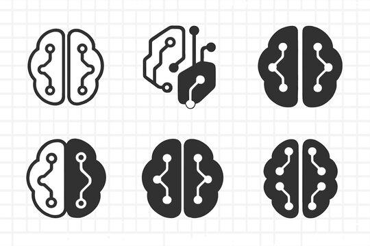 Innovative Learning Icons. Online Workshops. Icon set. Set Logo of innovation learning: brain with circuits. harmonious logo variations of the same emblematic