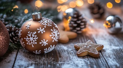 Shiny ornaments and gingerbread cookies create a cozy Christmas setting on a wooden table