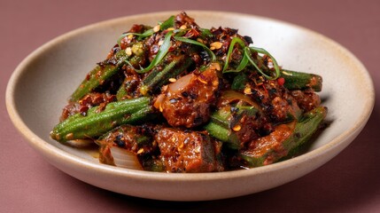Fototapeta premium Okra Masala Delight in a Rustic Bowl, Garnished With Spices and Onion