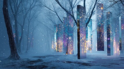 Ethereal winter forest with luminous magical monoliths in mystical night mist