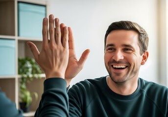A cheerful man in a dark sweater is giving a high five displaying excitement and positive connection with another person