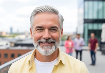 a smiling mature man with graying hair and beard poses for a portrait with a blurred city background and people