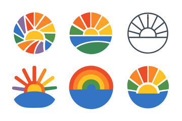 Radiant Pride Icons. Pride. Icon set. Set Logo of pride: radiating rainbow sun. harmonious logo variations of the same emblematic concept, each with different