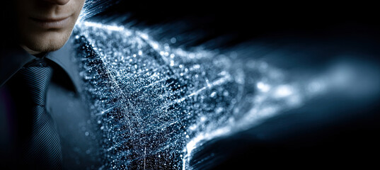 Man interacting with digital data stream network future