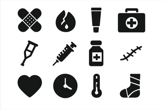 Wound Care Icons. Wound care. Solid icon set of Wound care: bandage, wound, ointment tube, first aid kit, crutch, syringe, medicine bottle, scar, heart, clock,