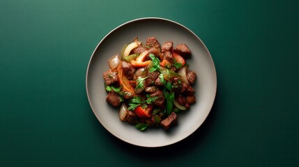 Simmered Beef Dish Presents Itself on a Neutral Plate Alongside Sliced Peppers and Onions, Resting on a Deep Matte Green Surface