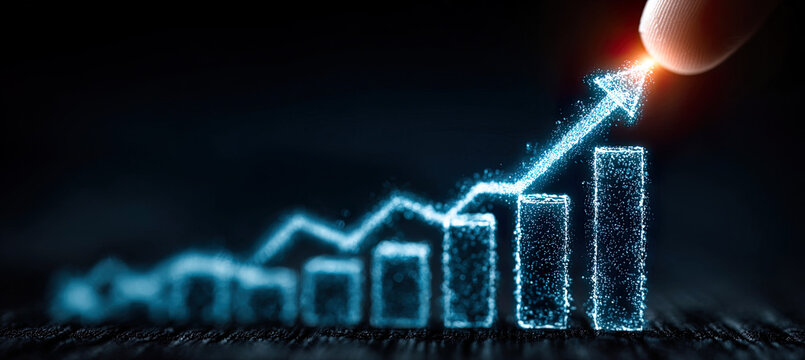 Human finger touching glowing bar graph showing growth