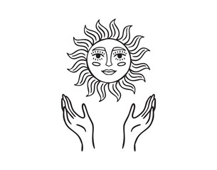 Two hands holding smiling sun with face, celestial charm, hand drawn, line art outline, hand drawn