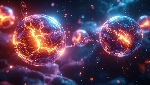 Abstract glowing energy spheres connected by electric lines illustrate quantum connection, digital power, and futuristic technological communication
