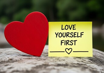 A vibrant red heart rests beside a yellow sticky note reminding us to prioritize self love and personal well being in life