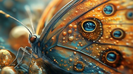Butterfly resting on colorful pebbles near a stream in a serene forest setting