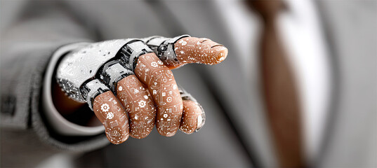 Humanoid cyborg hand pointing exploring advanced technology future