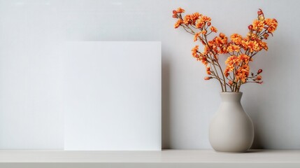Orange Blossoms Cascading From a Cream Vase Adorn a White Shelf Beside a Blank Square Canvas