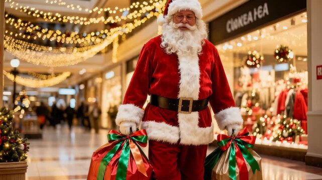 Holiday shopper dressed as Santa walks through a decorated shopping mall carrying large gift bags. Dynamic camera movement tracks the subject with panning and tilting.