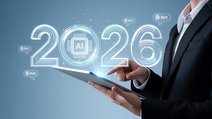 Futuristic AI technology concept for 2026 with digital interface and human interaction on blue background using online communication elements. progress