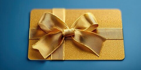 A Shimmering Gold Card With Ribbon Tie Sits on a Bright Blue Surface