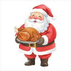 Santa Claus Holding Turkey Watercolor Vector Isolated on White Background
