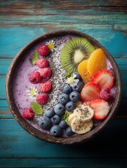 Colorful Smoothie With Fresh Organic Fruits Arranged on a Teal Wooden Table