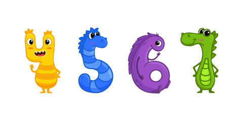 set of funny cartoon monster digits from 4 to 7 in flat style. Good for lettering or font design, headers, t-shirts, kids illustration. Vector illustration.
