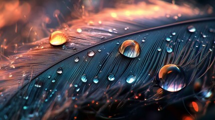 Beautiful macro shot of a feather with water droplets reflecting colors during a vibrant sunset glow