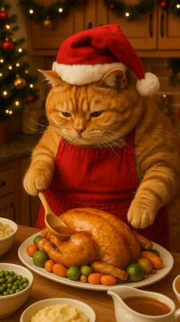 Anthropomorphic feline chef basting a roasted turkey. Holiday dinner preparation in a Christmas decorated kitchen. Camera tilting and panning.
