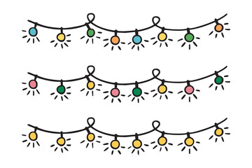 Hanging garlands with colorful party lights clipart set, festive decoration collection, hand drawn.