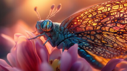 Bright butterfly resting on pink flower during golden hour in a serene natural setting