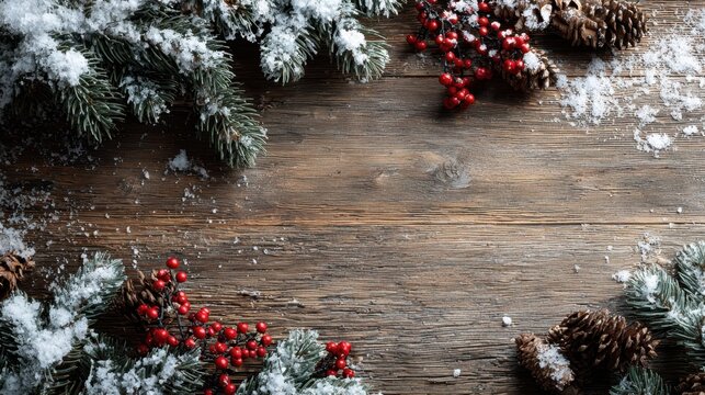 Winter decor frame with snow dusted pine branches red berries and pine cones on a wooden table