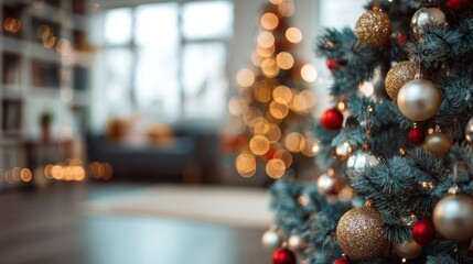 Cozy Christmas tree decor with gold red ornaments and warm bokeh lights in modern living room