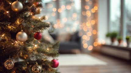 Festive Christmas Tree in a Cozy Living Room With Warm Lights and Sparkling Ornaments