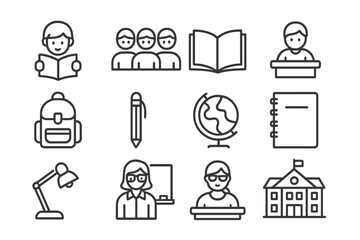 School Icons Collection. School Children Reading and Studying. Line icon set of School Children Reading and Studying: child reading book, group of students,