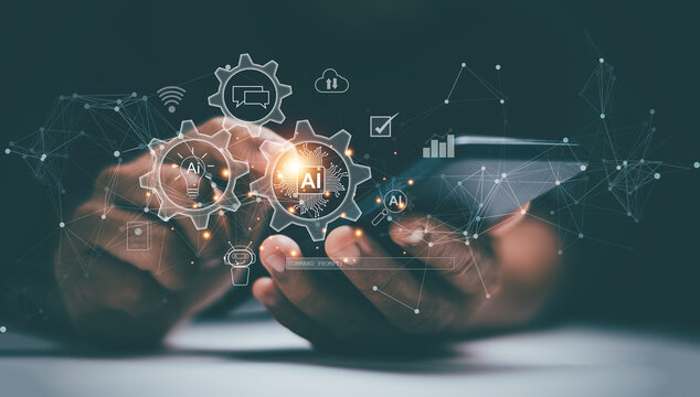Artificial intelligence innovation concept. Man hand holding smartphone and point to glowing AI in gears icon and data connections. Symbolizing automation, analytics and advanced digital technology.